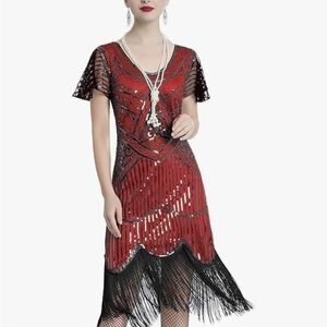 NWOT Fundaisy women halter v- neck sequins tassel 1920 flapper party dance Dress